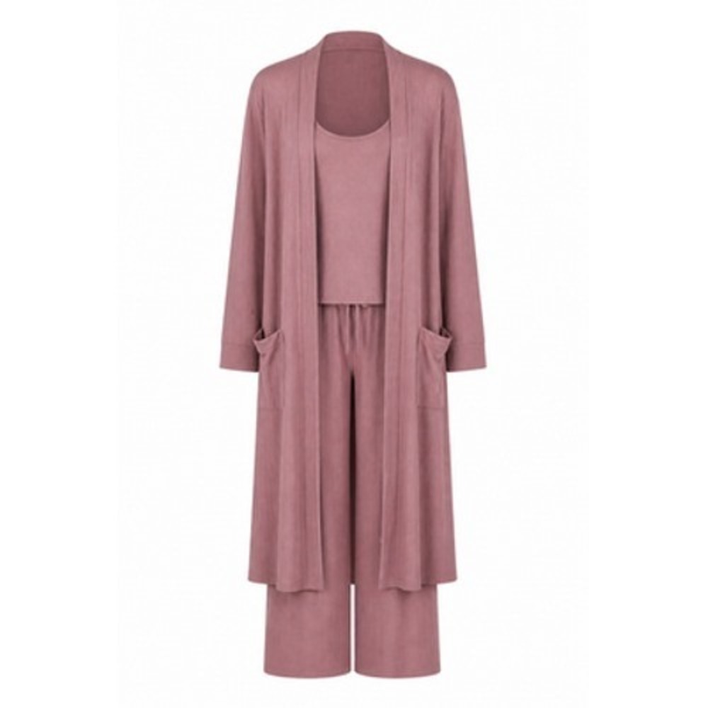 Danskin 3 Piece Set Women L Pink Ribbed Duster Cardigan Tank Pants Lounge